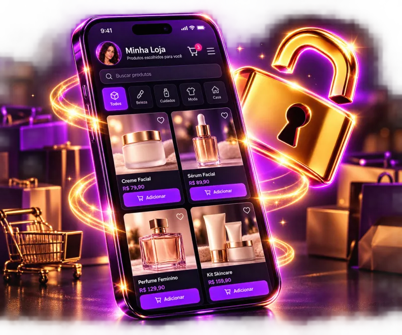 Celular com uma vitrine de loja aberta e um cadeado dourado destravado