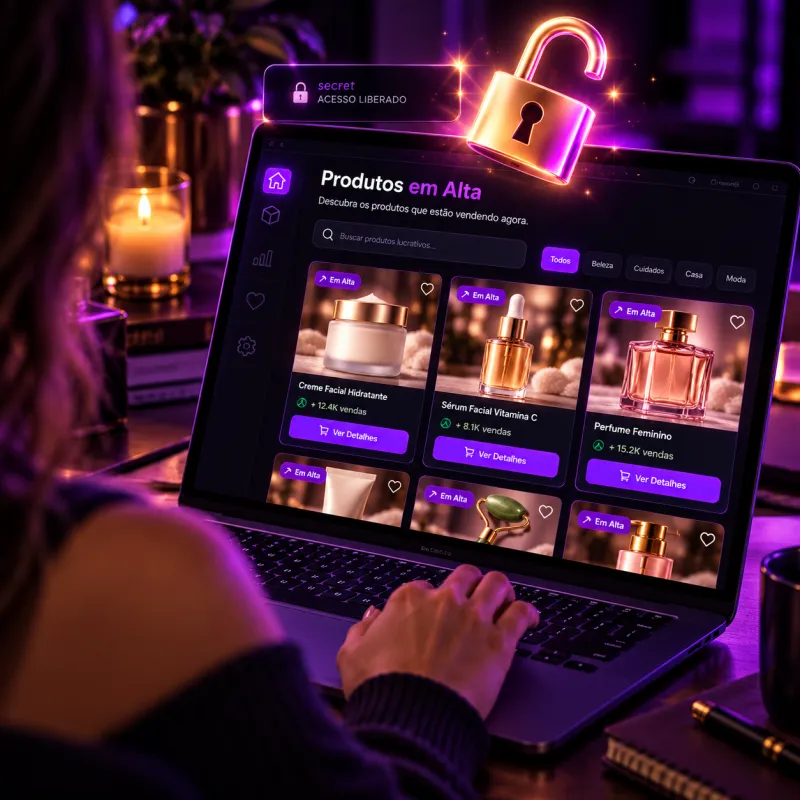 Notebook mostrando uma vitrine de produtos em alta, com um cadeado dourado aberto