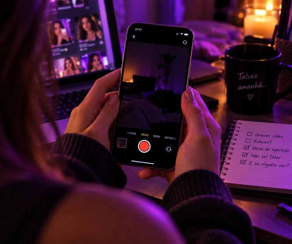 Mãos seguram o celular com a câmera aberta, sem gravar; ao lado, um caderno com a lista: medo de aparecer, não sei falar, e se alguém ver?